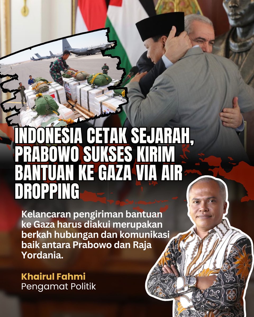 sejarah baru mampu dihadirkan oleh pak <a href="/prabowo/">Prabowo Subianto</a> dan jajarannya nih yg sukses kirimkan bantuan ke jalur gaza via air dropping .. #ProudOfYouPrabowo