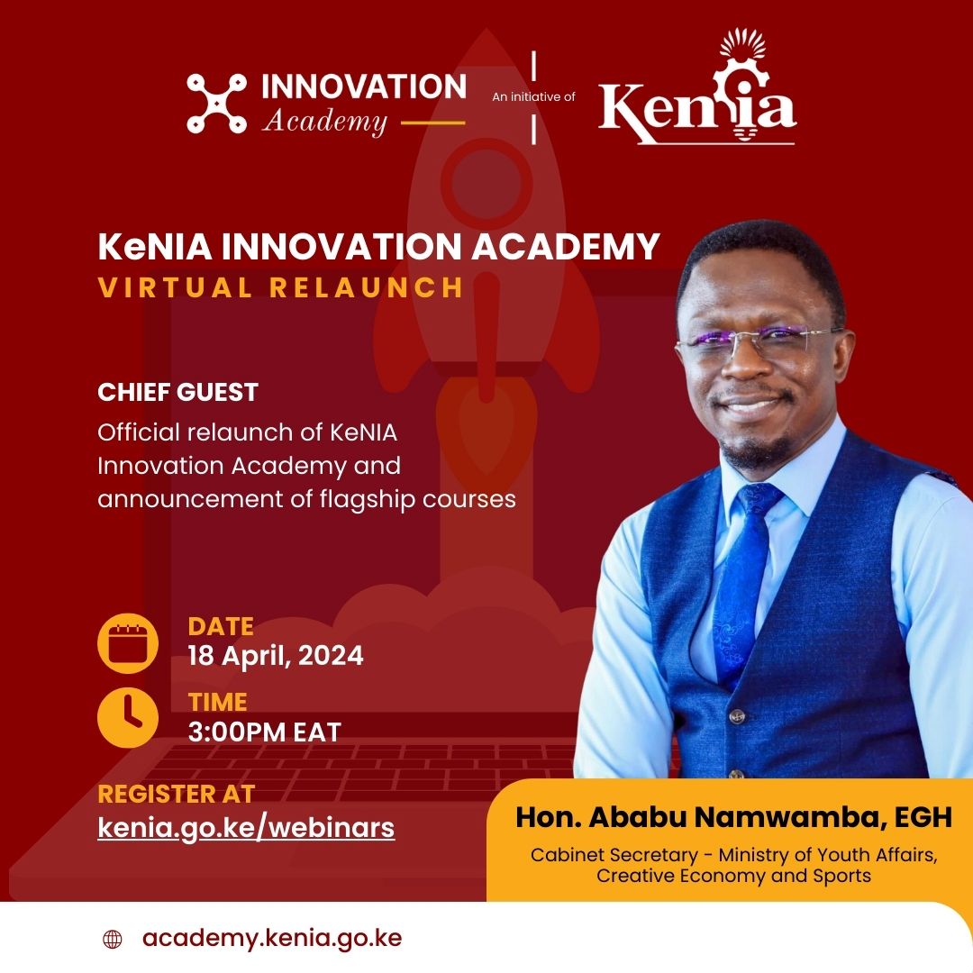 Join us for the online launch of the Innovation Academy, where Hon. @AbabuNamwamba the CS @moyasa_ke, will be delivering his remarks. A new era of creativity is about to begin🚀. Are you in? Register here>>> bit.ly/4atEiwr