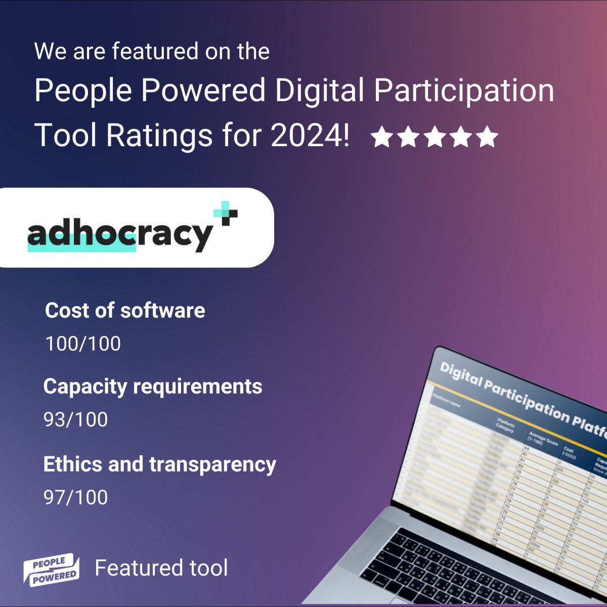Our software #adhocracy has been featured by <a href="/PeoplePowrd/">People Powered</a> as one of the leading tools in the 2024 Digital Participation Tool Ratings. 🙌 Adhocracy aims to make democratic participation processes easier for everyone. Find out more about the ratings here: peoplepowered.org/platform-ratin…