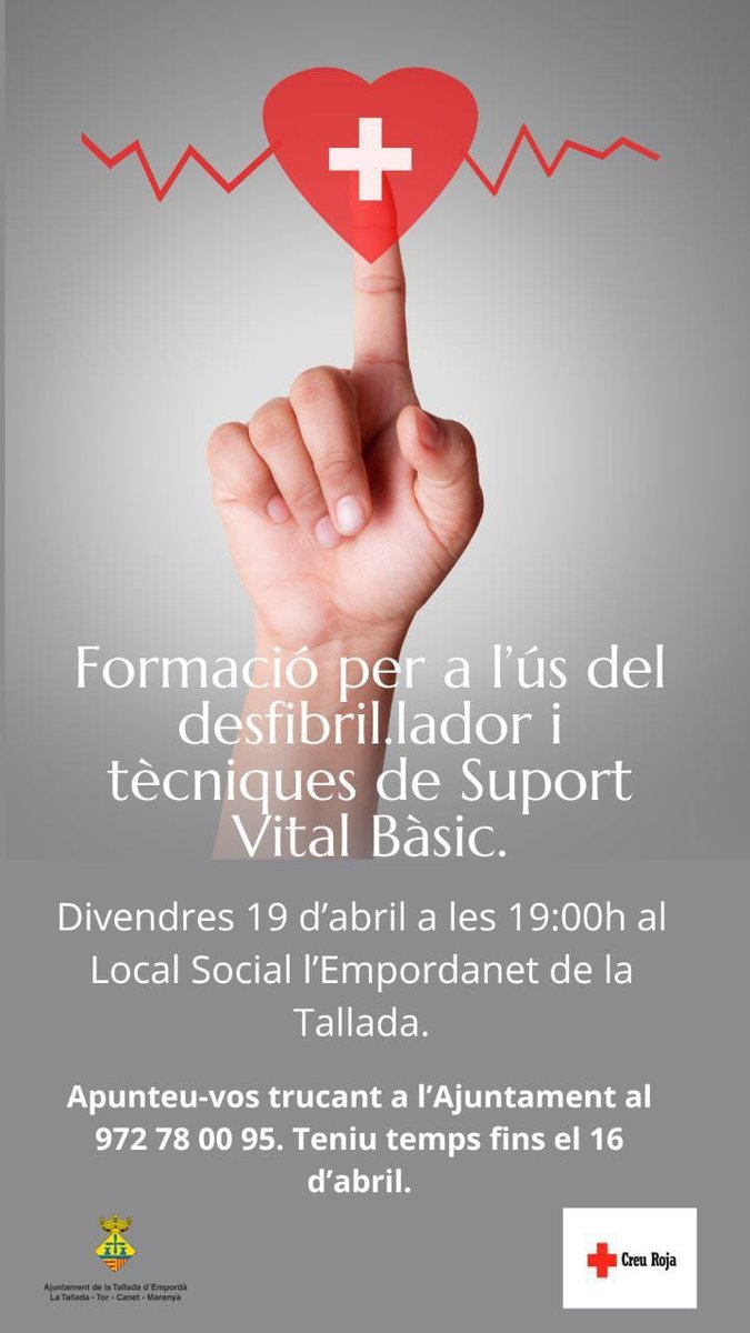 ♦️Formació per a l'ús del desfibril·lador i tècniques de Suport Vital Bàsic.
📆Divendres 19 d'abril .⏰A les 19h.📍Al Local Social Empordanet.
✏️Inscripcions: trucant a l'Ajuntament al 972 78 00 95 de 9 a 14h de dilluns a divendres i de 9 a 18h els dijous.
#latallada #creuroja