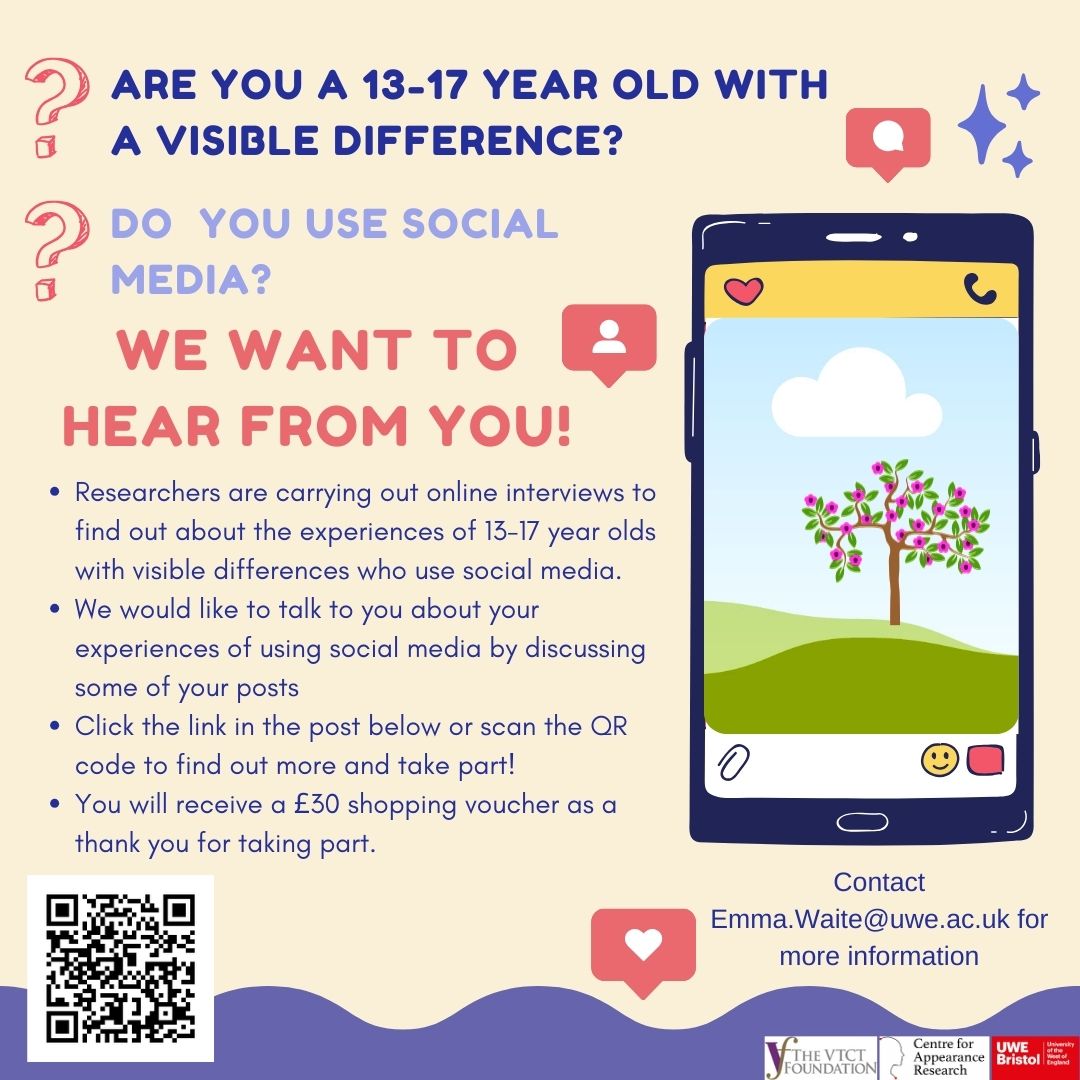 Call for participants!❗️

We’re looking for 13-17-year-olds with visible differences who use social media to take part in an online interview study.

Register your interest here: go.uwe.ac.uk/RegisterYourIn…

#SocialMedia #VisibleDifference #YoungPeople #Teenage