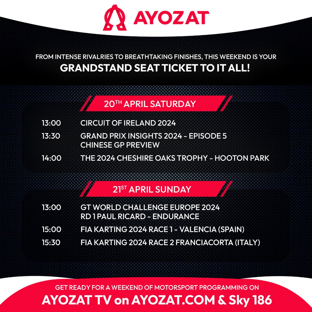 Calling all motorsport enthusiasts! Get ready for an adrenaline-fueled weekend from 1pm on Ayozat TV at Sky 186 and  ayozat.com. Don't miss a minute of action-packed races and nail-biting moments on the track!
#motorsport #cars #racing #action #weekendracing