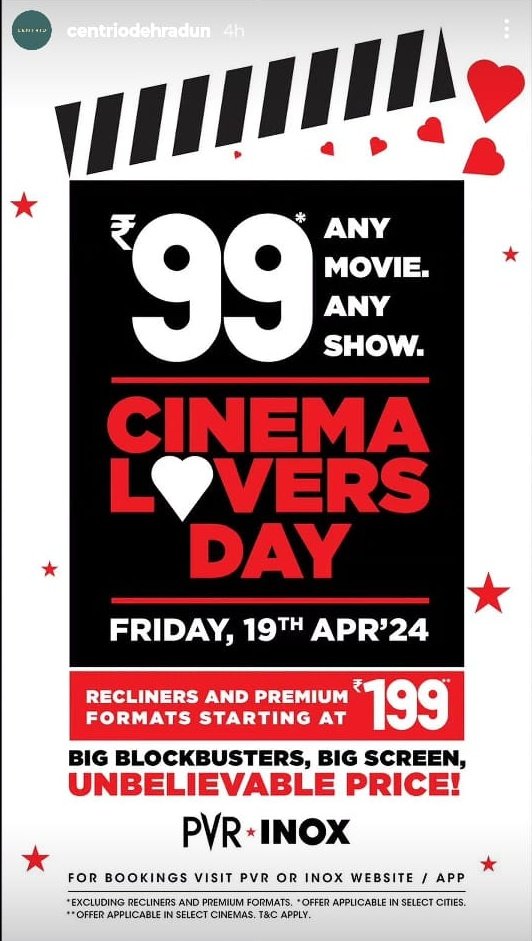 The @_PVRCinemas and @INOXMovies have decided to celebrate 'Cinema Lovers Day' on the polling day, April 19, with heavy discounts on movie tickets. Will it discourage people from voting? Can't say. But they could have instead combined this offer with voting, whoever shows the…