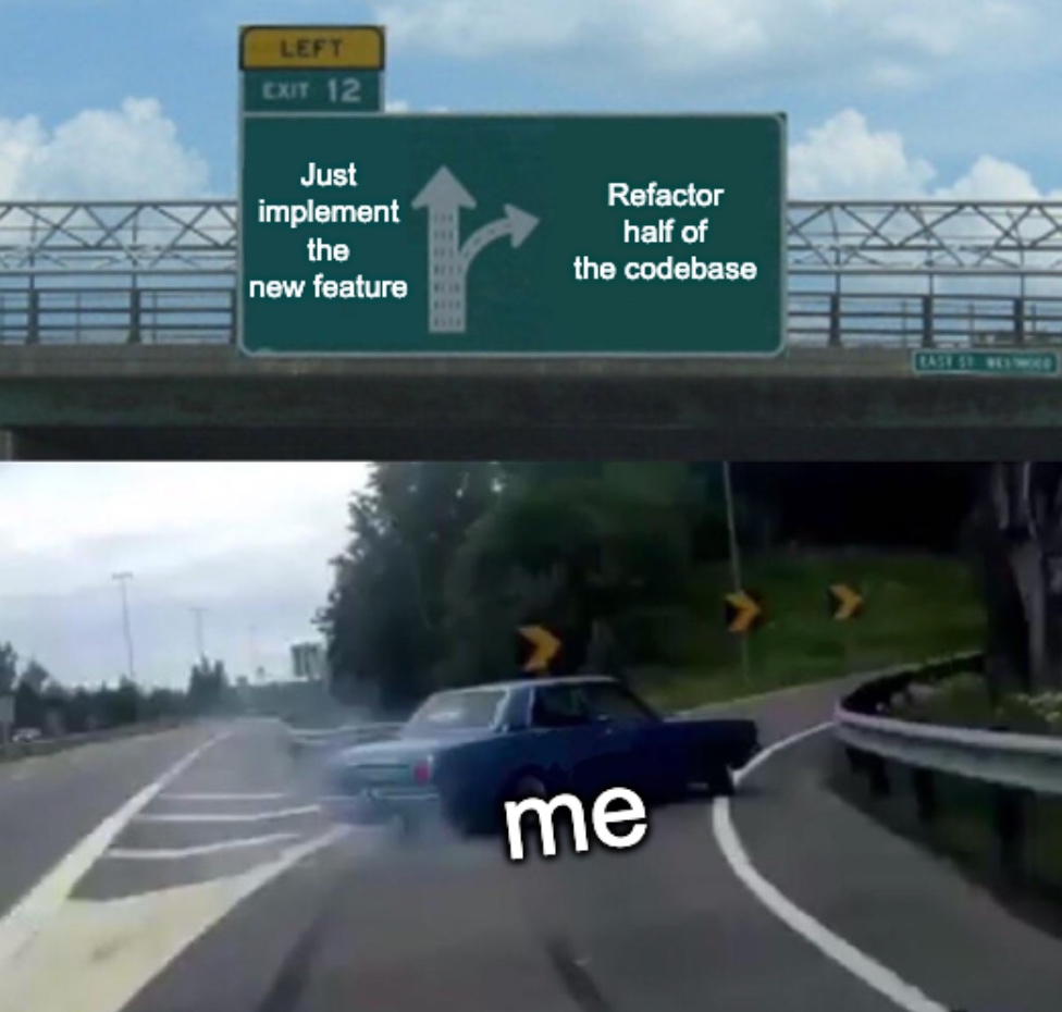 It's so hard to fight the urge to 𝘫𝘶𝘴𝘵 𝘥𝘰 𝘢 𝘮𝘪𝘯𝘰𝘳 𝘳𝘦𝘧𝘢𝘤𝘵𝘰𝘳𝘪𝘯𝘨 when seeing something really bad in the code base while implementing some new feature. 😓 Mostly, I'm introducing at least two new bugs with that behavior 🤝 🐛 🔥