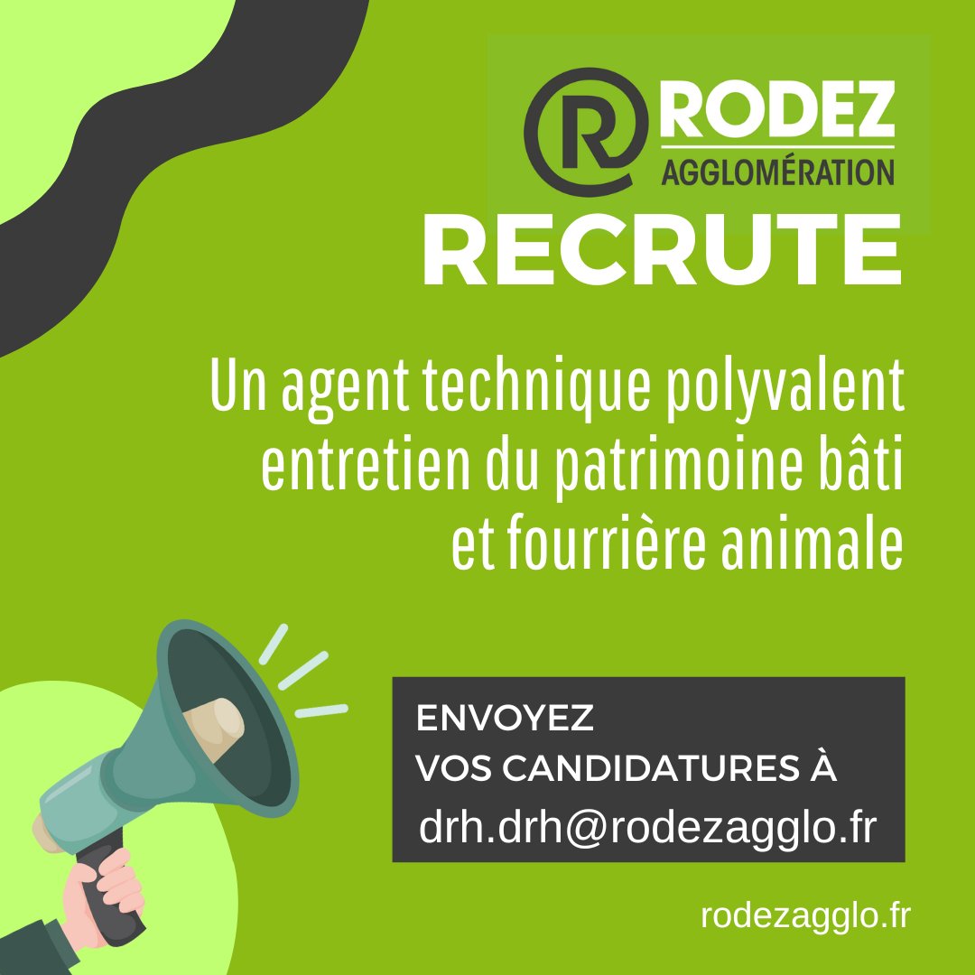 Rodez agglomération recrute un agent technique polyvalent - entretien du patrimoine bâti et fourrière animale en CDD. Plus d'informations sur : rodezagglo.fr/agglo/emploi/e…