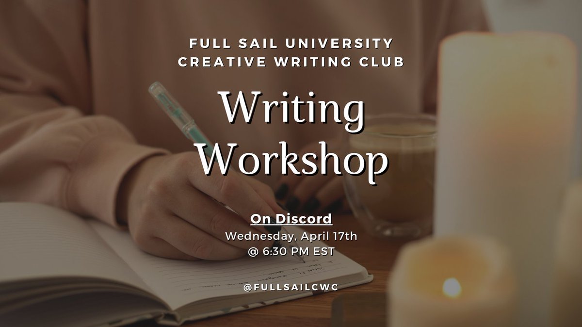 fullsailCWC's tweet photo. Join us on Wednesday, April 17th at 6:30 pm EST on Discord for our #writingworkshop! Get feedback on your work to strengthen your project. #writing #fullsailuniversity #creativewriting #fullsailcwc #workshop #writingworkshop https://t.co/4JFeIIS4wM