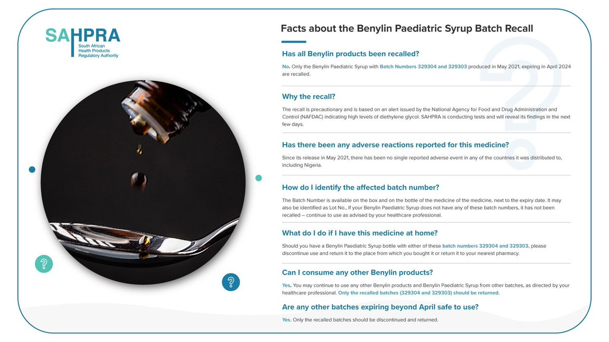 📣 Concerned about SAHPRA’s latest recall on #BenylinPaediatricSyrup Useful #FAQs about the recall. For more info, see here: buff.ly/3U4m51D #SAHPRA #Recall #KeepingSouthAfricansSafe #FAQsOnBenylinRecall