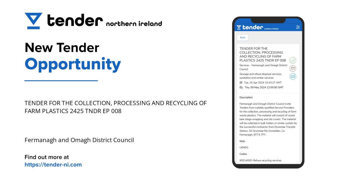 tendernicom's tweet photo. Fermanagh and Omagh District Council is seeking suppliers for the TENDER FOR THE COLLECTION, PROCESSING AND RECYCLING OF FARM PLASTICS 2425. Find out more at: https://t.co/WNFRmqUbui #tenderni #NorthernIreland #recycling #plastics https://t.co/BtT7Mve8Uj