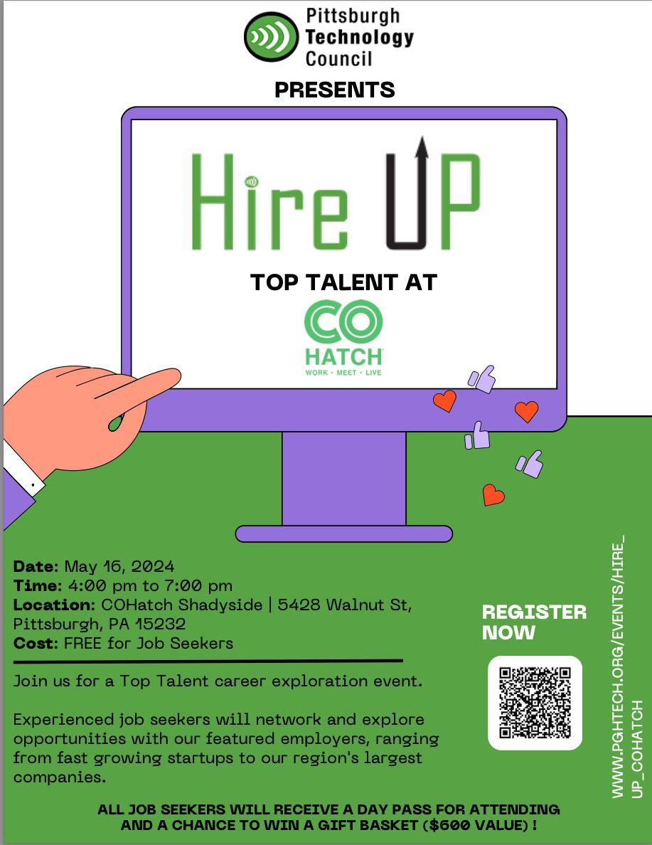 We hope to see you at Top Talent HireUp! 🗓️ May 16th ⏰ 4-7PM 📍 COhatch Shadyside ➡️ Network w/ hiring managers/ recruiters from leading companies ➡️ Explore job opportunities across different sectors ➡️ Win prizes ➡️ Receive a free day of coworking space at COhatch