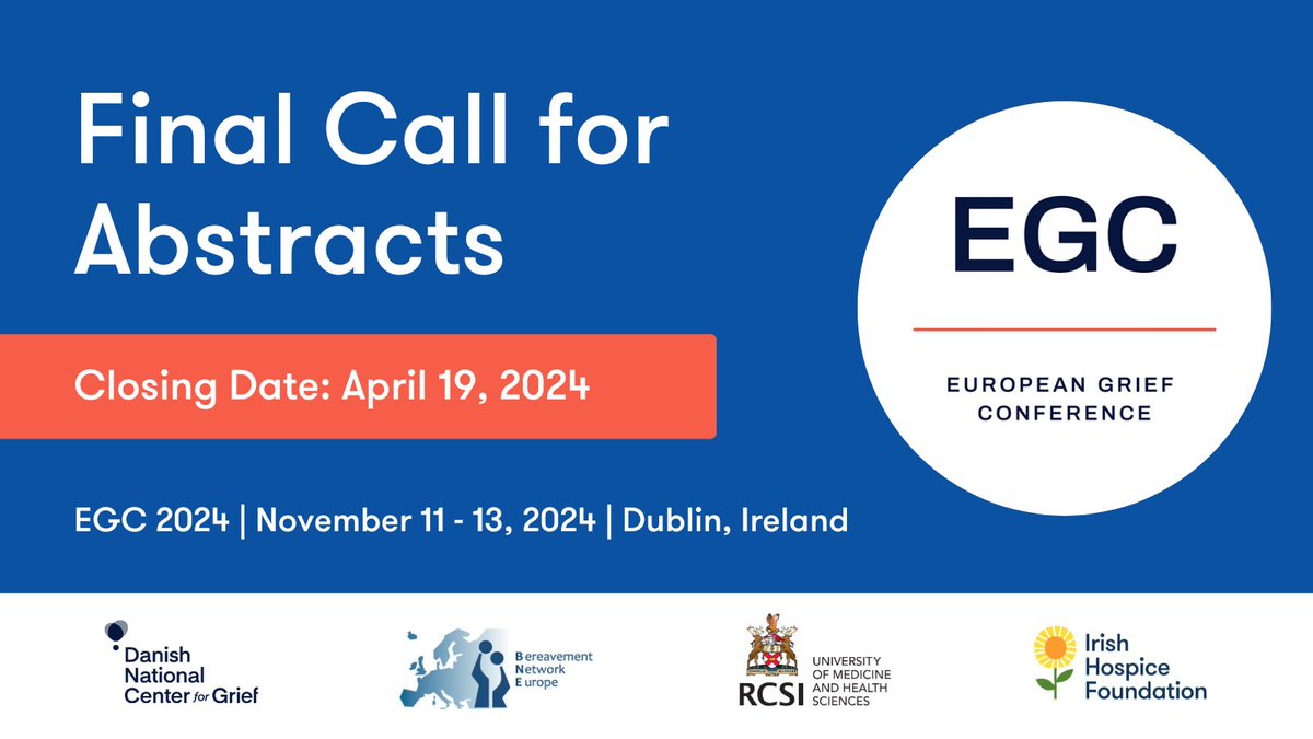 IrishHospice's tweet photo. This Friday is the deadline to submit your abstract for European Grief Conference 2024! Submit your abstract here: https://t.co/x2AbpbgFdy

#EGC2024 @RCSI_Irl @BereavementE @sorgcenter https://t.co/gwAZiTSgX2