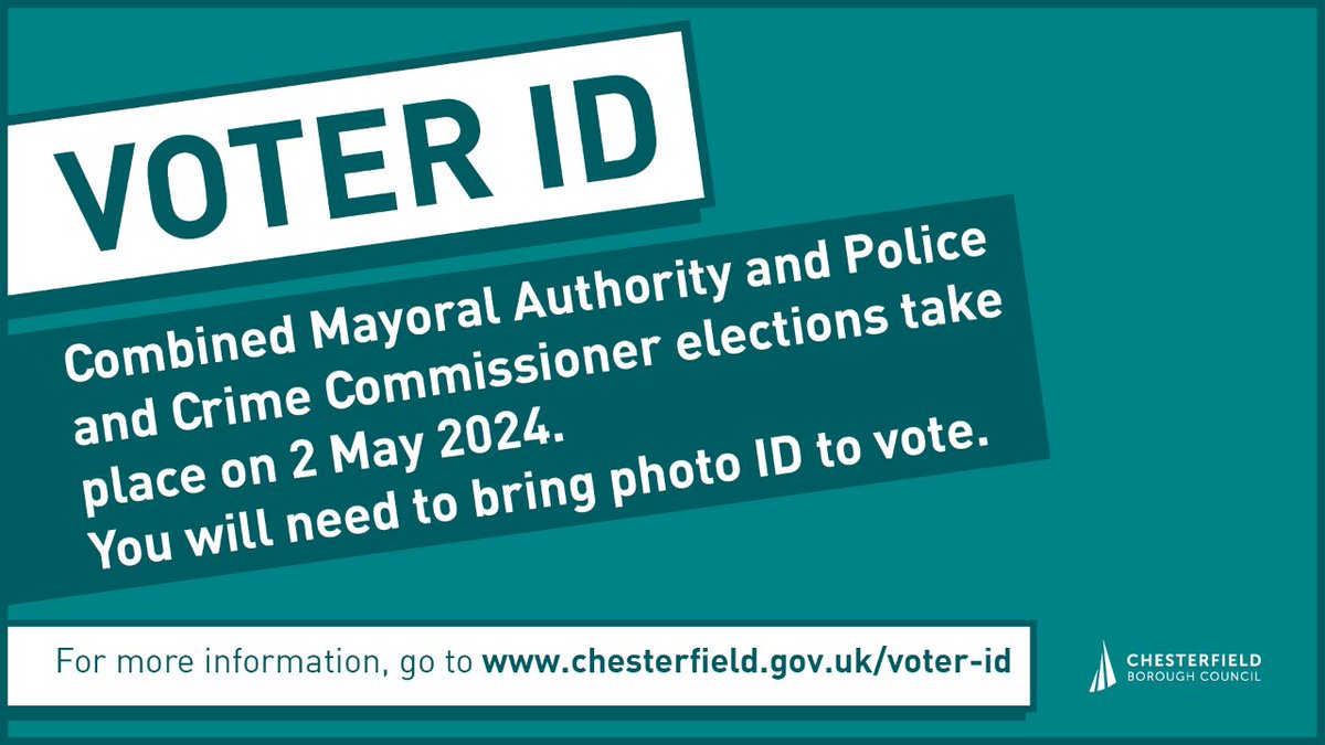 🆔 You will need to show photo ID to vote in the elections on 2 May.  There are lots of different forms of ID that you can show. If you don’t have ID you can request a Voter Authority Certificate but you must apply for this by Wednesday 24 April. chesterfield.gov.uk/your-council/e…