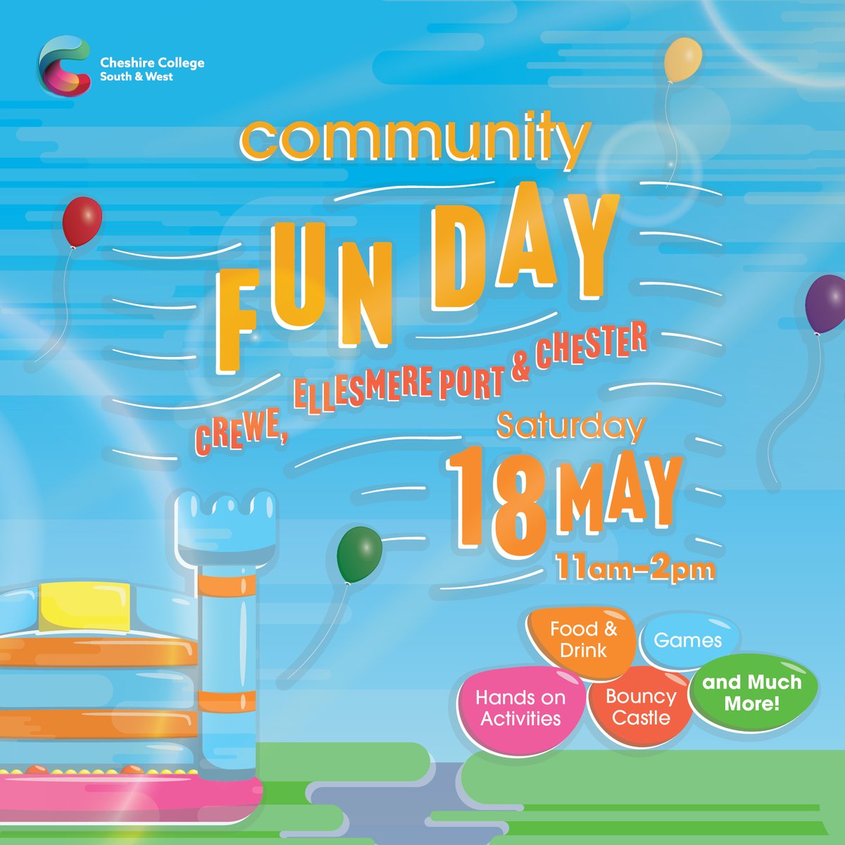 Get ready for a spectacular day out with Community Fun Day 🤹‍♀️ This family-friendly event will take place at #Crewe #EllesmerePort and #Chester Campuses and it's FREE to enter! Save the date for Saturday 18th May, and we'll see you there 🥳