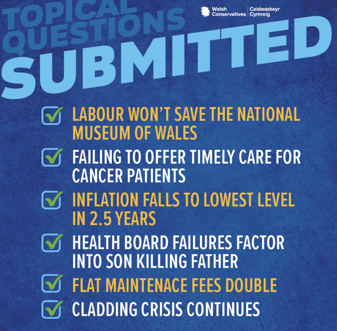 🚨 In the Senedd today, we've submitted 6 important issues for the Labour Govt to answer.

💪 Along with our debate on the Public Ombudsman for Wales, and Labour's failing transport policies, we'll continue to hold the Labour Govt to account and focus on the people's priorities.