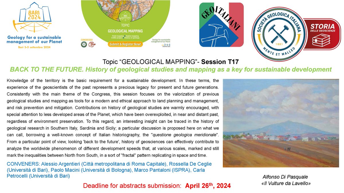 BACK TO THE FUTURE. History of geological studies and mapping as a key for sustainable development
CONVENERS: Alessio Argentieri, Rossella De Ceglie, Paolo Macini, Marco Pantaloni, Carla Petrocelli
geoscienze.org/N316/sessionT1… 
@Geology_History #historyofscience #historygeology