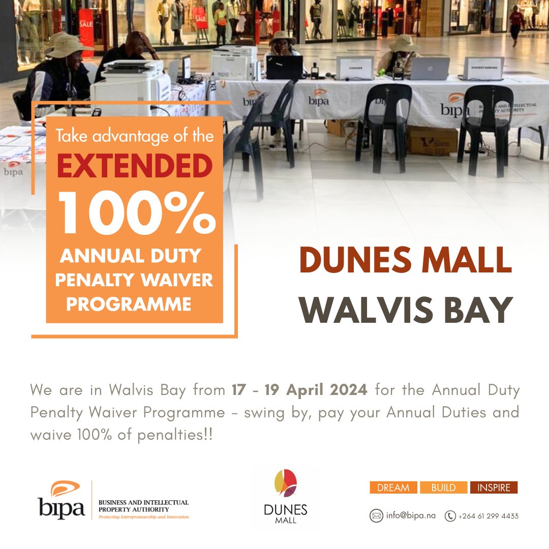 The BIPA team is in Walvis Bay - Dunes Mall for the Annual Duty Penalty Waiver Regional Visits from 17 - 19 April 2024. Don't miss this opportunity to settle your annual duties and waive penalties goodbye!