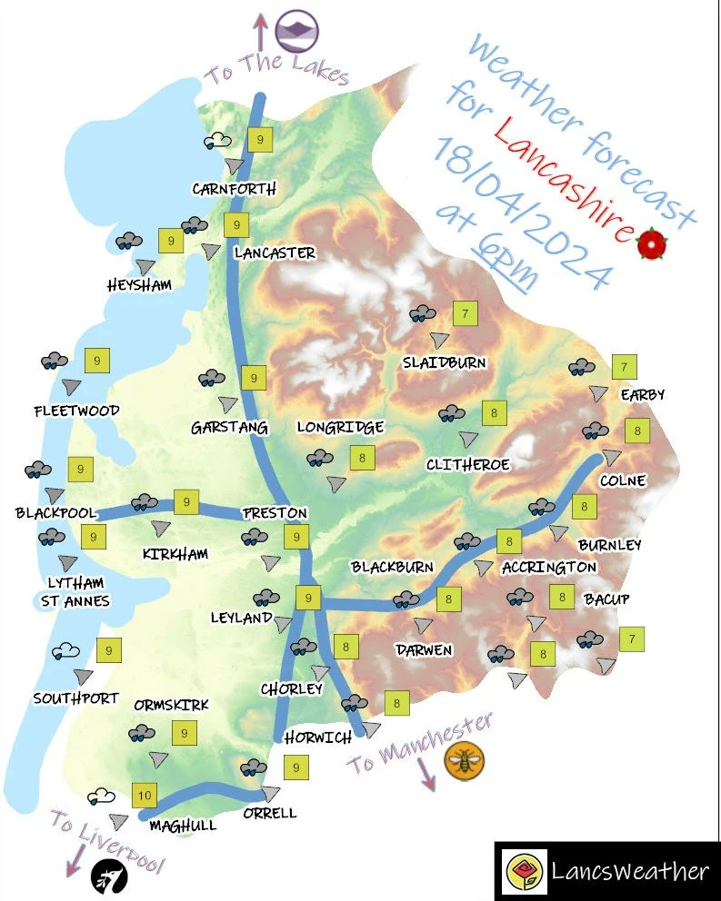 Weather forecast for Lancashire tomorrow, ❄️☀️ Thursday 🌧️ 18th April 2024 #lancsweather #lancashire #weather #forecast #blackburn #blackpool #burnley #chorley #fylde #hyndburn #lancaster #pendle #preston #ribblevalley #rossendale #southribble #westlancashire #wyre