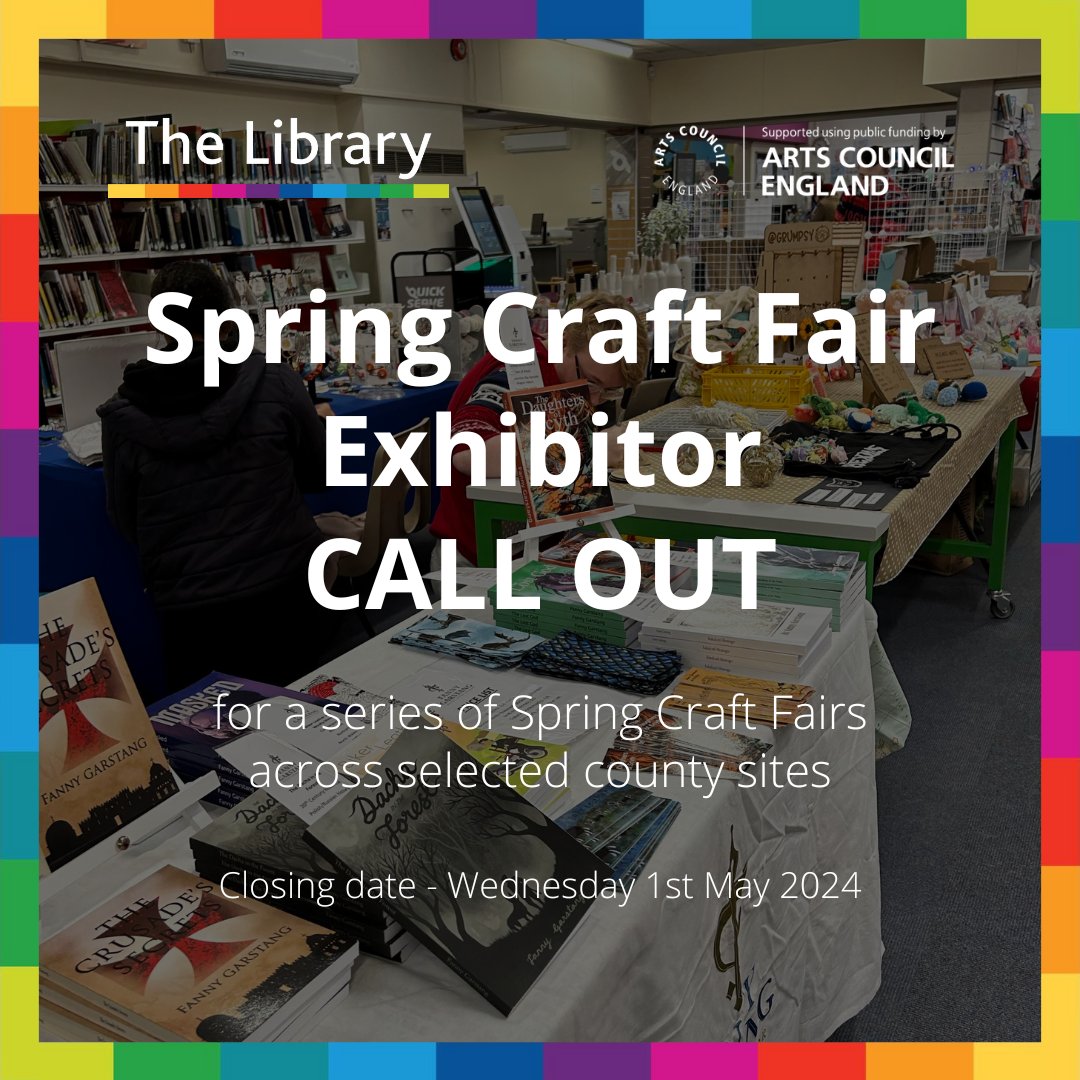 We are hosting a series of Spring Craft Fairs across selected county sites in May 2024. We are welcoming applications to have a stall. Closing date for applications: 1st May For more information and how to apply please visit The Library Website - orlo.uk/2PuAm