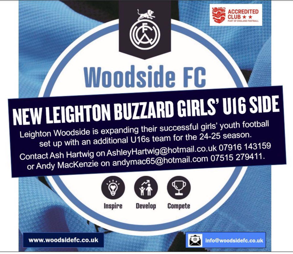 ⚽️ PLAYERS WANTED ⚽️ @Woodsidefc75 are looking for additional players to join a new U16's Girls team ahead of the 2024/25 season. For more information please contact 👇 AshleyHartwig@hotmail.co.uk / andymac65@hotmail.com