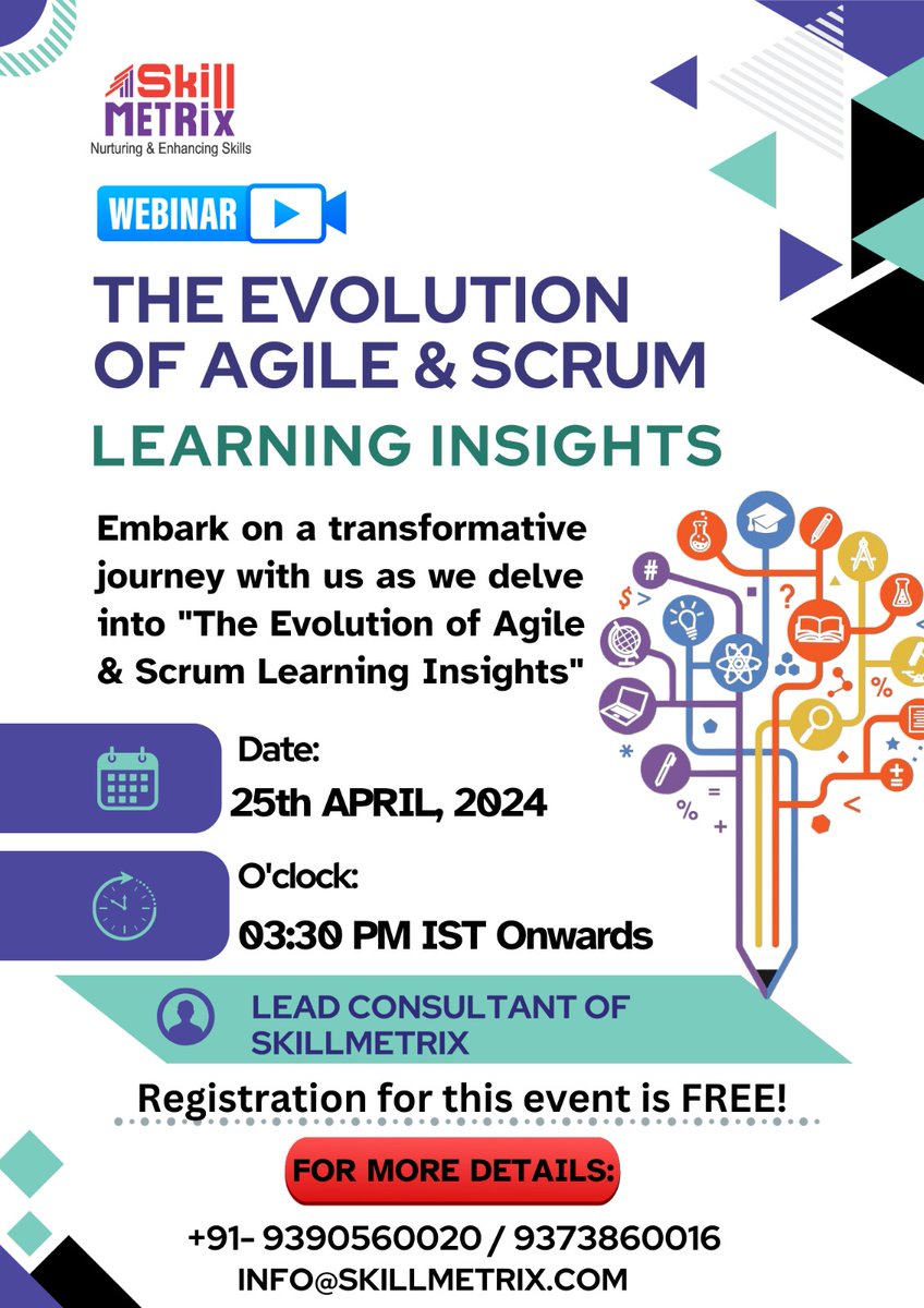 Webinar Alert!!! Our upcoming webinar on The evolution of Agile & Scrum on 25th April 2024 at 03:30 PM IST....
Do join us through the link: lnkd.in/gMNrCVcy
#getregisteryourself #agile #scrum #webinar #webinaralert #skillmetrix
@SkillMetrix Knowledge Services LLP