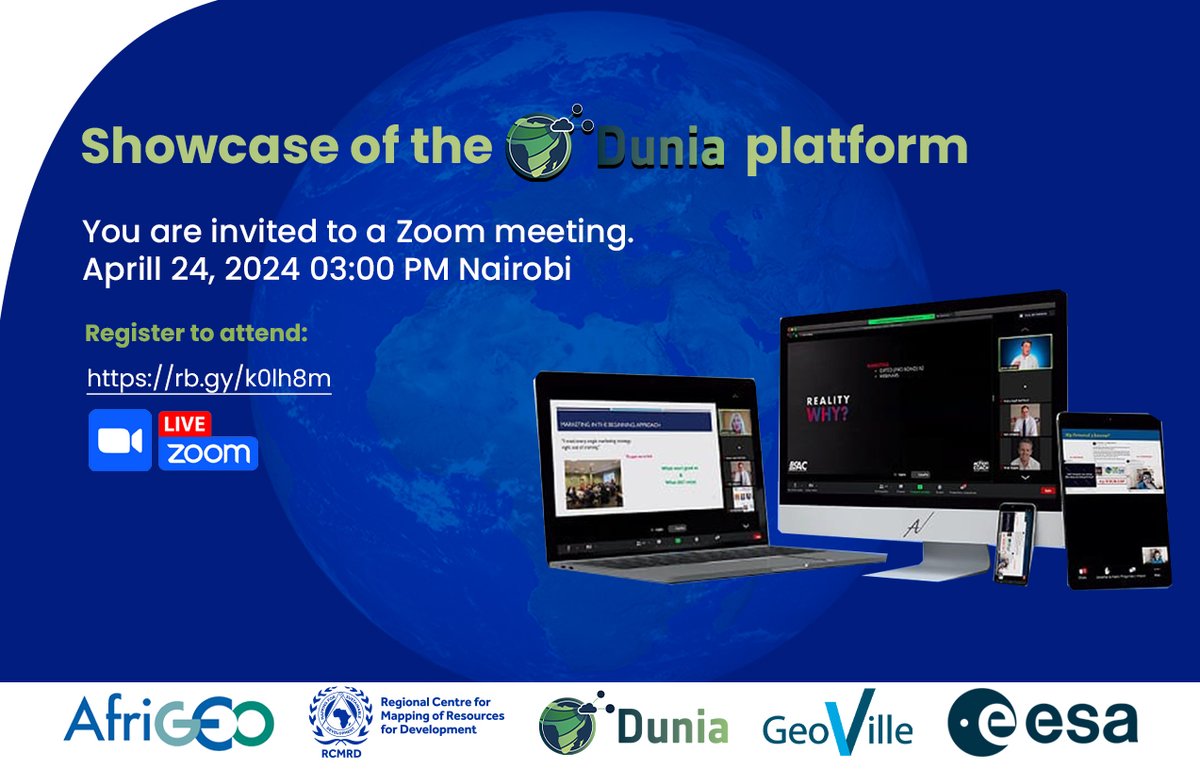 Upcoming webinar on; Showcase of the Dunia Service Date: April 24, 2024 Time: 3:00PM (EAT) Register to attend rb.gy/k0lh8m