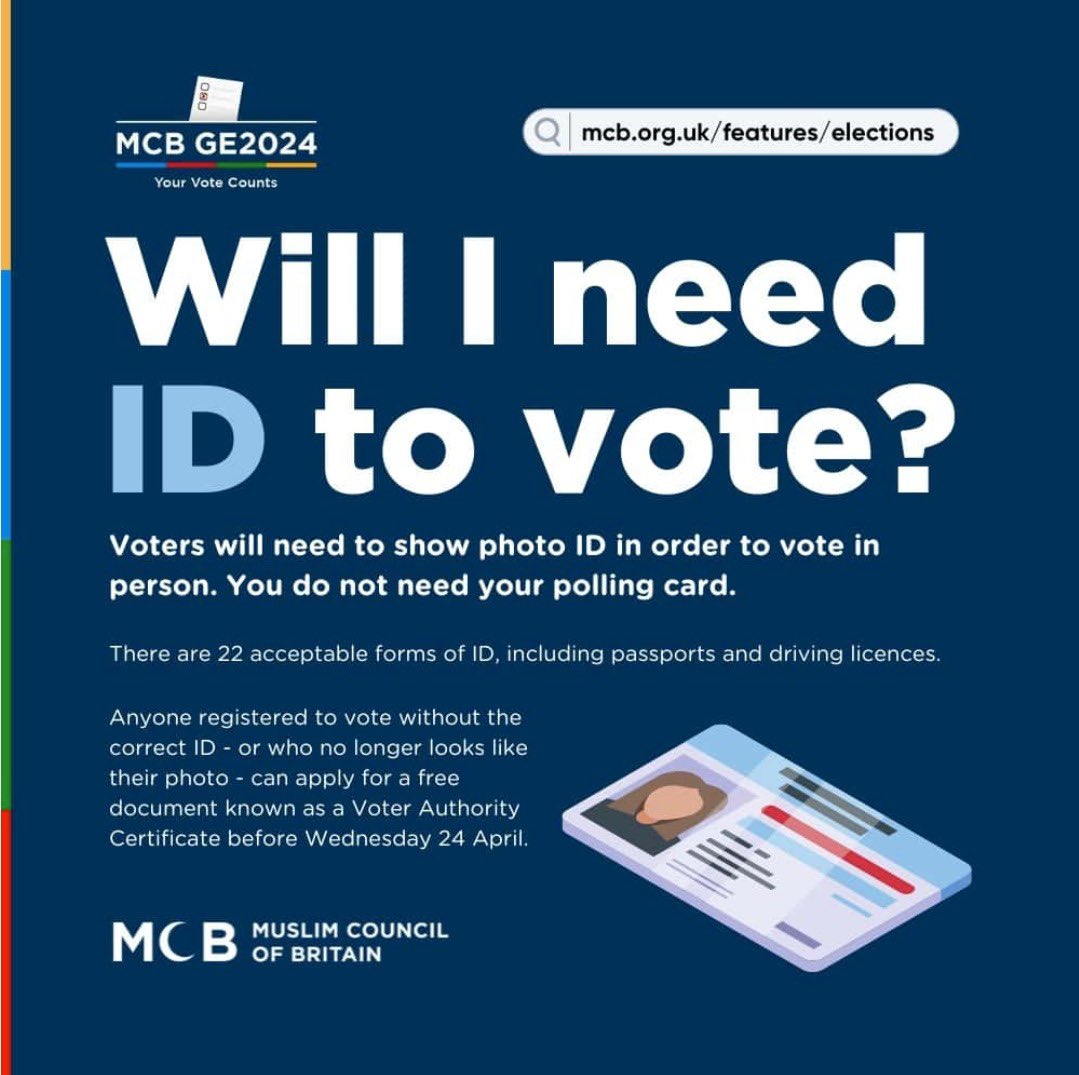 👉🏽 Don’t miss out—apply for a free Voter Authority Certificate if needed by April 24. 🔗 Get more guidance on our MCB General Election Campaign: mcb.org.uk/features/elect…