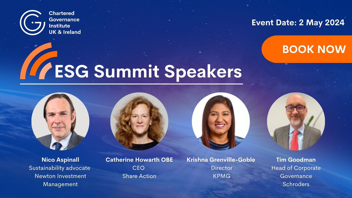 Join us & our speakers at the ESG Summit on the 2 May 2024! You will get the opportunity to hear from governance professionals about the latest developments in the ESG landscape. Book now: buff.ly/3Kyz1GM #CGIUKI #ESGSummit #Governance #Sustainability #Speakers