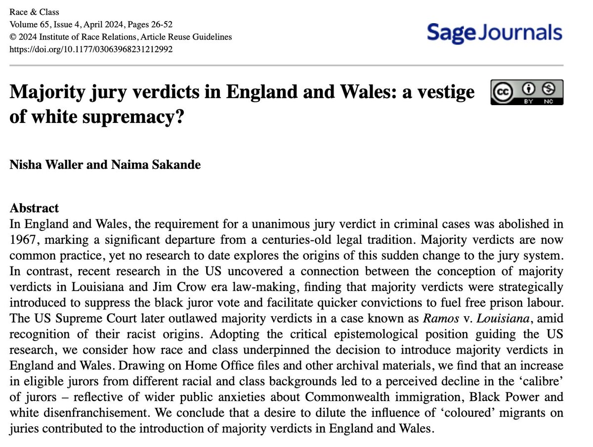 @NishaWaller4 and @NSakande combine a legal analysis of the jury system with archival research into UK’s anti-racist history to shed light on how the decision to introduce majority verdicts in 1967 was rooted in racial injustice. @APPEAL journals.sagepub.com/doi/full/10.11…