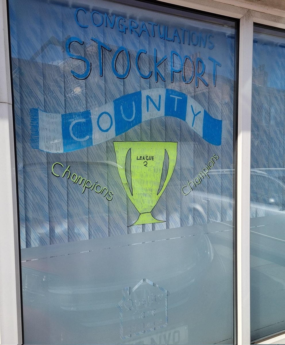 QualityCareOC's tweet photo. Huge congratulations to our neighbours @StockportCounty on becoming League 2 Champions! 🏆

Enjoy the party! https://t.co/BoZYtcv68w