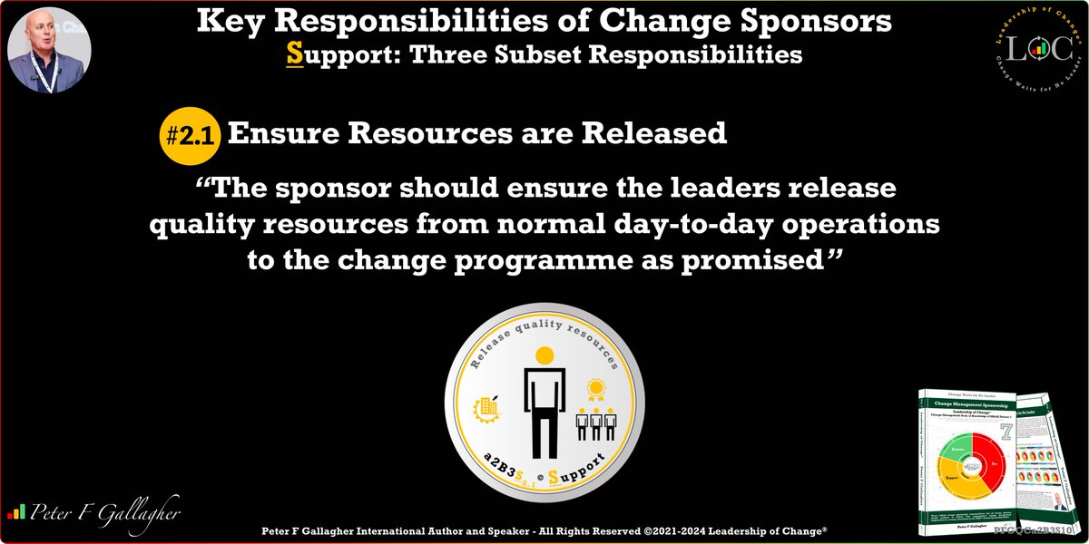 #LeadershipOfChange
#ChangeManagementSponsorship
Ensure resources are released
The sponsor should ensure the leaders release quality resources from normal day-to-day operations to the change programme as promised
#ChangeManagement
bit.ly/3xuXeaU