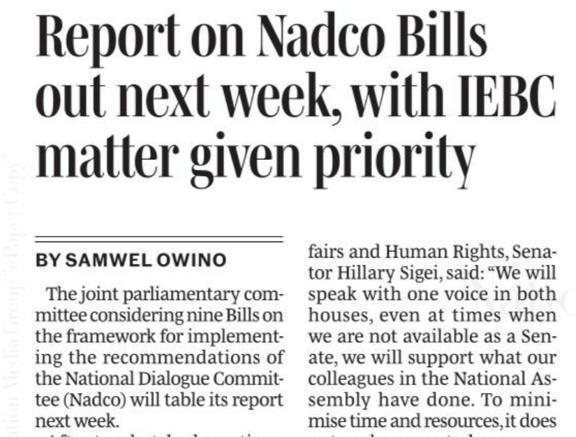 The joint parliamentary committee considering nine Bills on the framework for implementing the recommendations of the National Dialogue Committee (NADCO) will table its report next week. via @NationAfrica