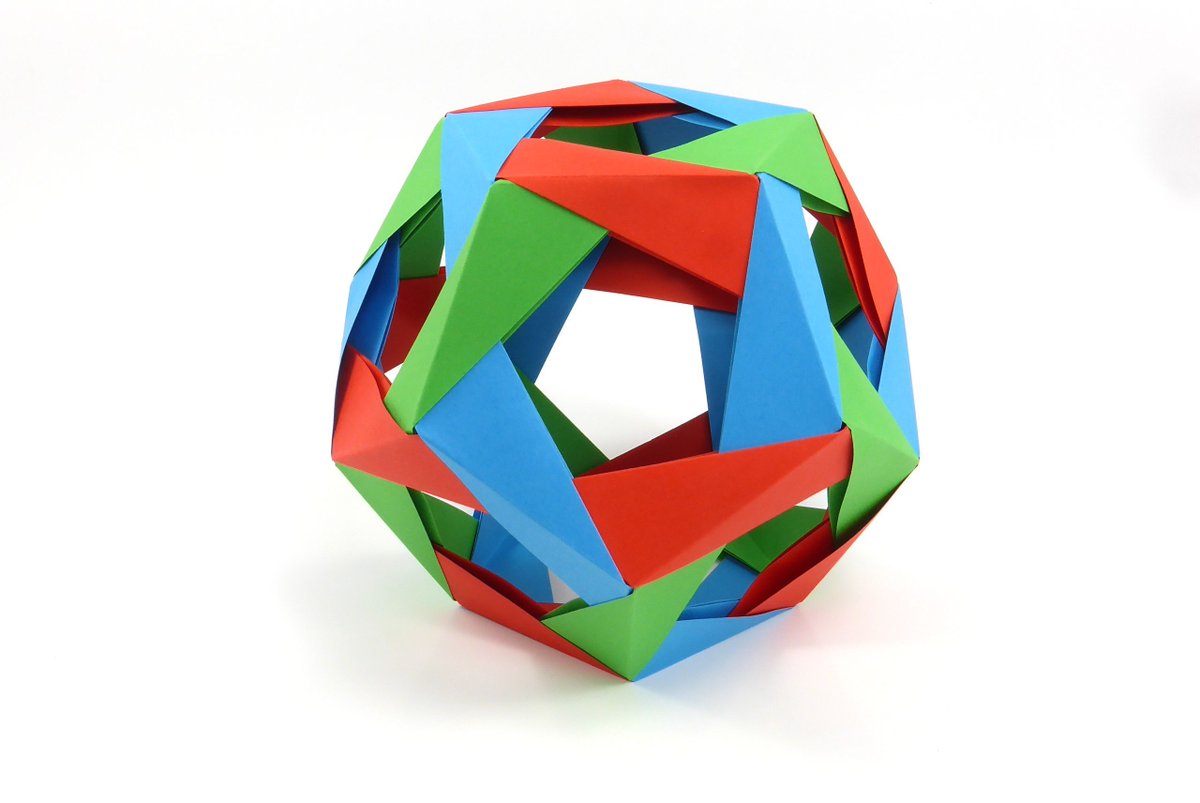 mkosmul's tweet photo. A regular #dodecahedron made from Penultimate Unit, designed by #RobertNeale. These units are very simple to fold and very versatile (see the tutorial I published on March 16th, 2024).
#origami #modularorigami #unitorigami #polyhedra #geometry #PenultimateUnit https://t.co/wz6193D5Ok