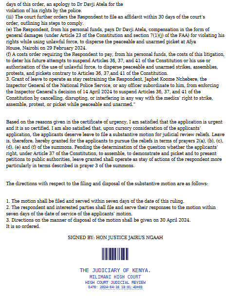 🔥🔥 BREAKING: High Court slams the brakes on IG Japhet Koome's attempt to trample on Kenyan Constitution! Victory for democracy as Medics' right to strike and picket is RESURRECTED! Let's raise our voices for justice and celebrate this EPIC win for our constitutional rights! 🇰🇪
