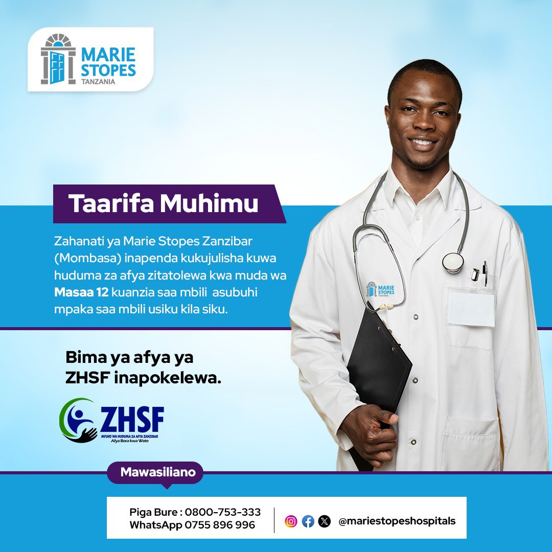 Kituo Chetu cha Zanzibar bado kinapokea bima ya NHIF na ZSHF. . Tembelea kituo Chetu cha Zanzibar kwa matibabu na huduma za kiafya. . Tupigie bure 0800753333 au chati nasi WhatsApp 0755896996. . #mariestopeshospitals #zanzibar