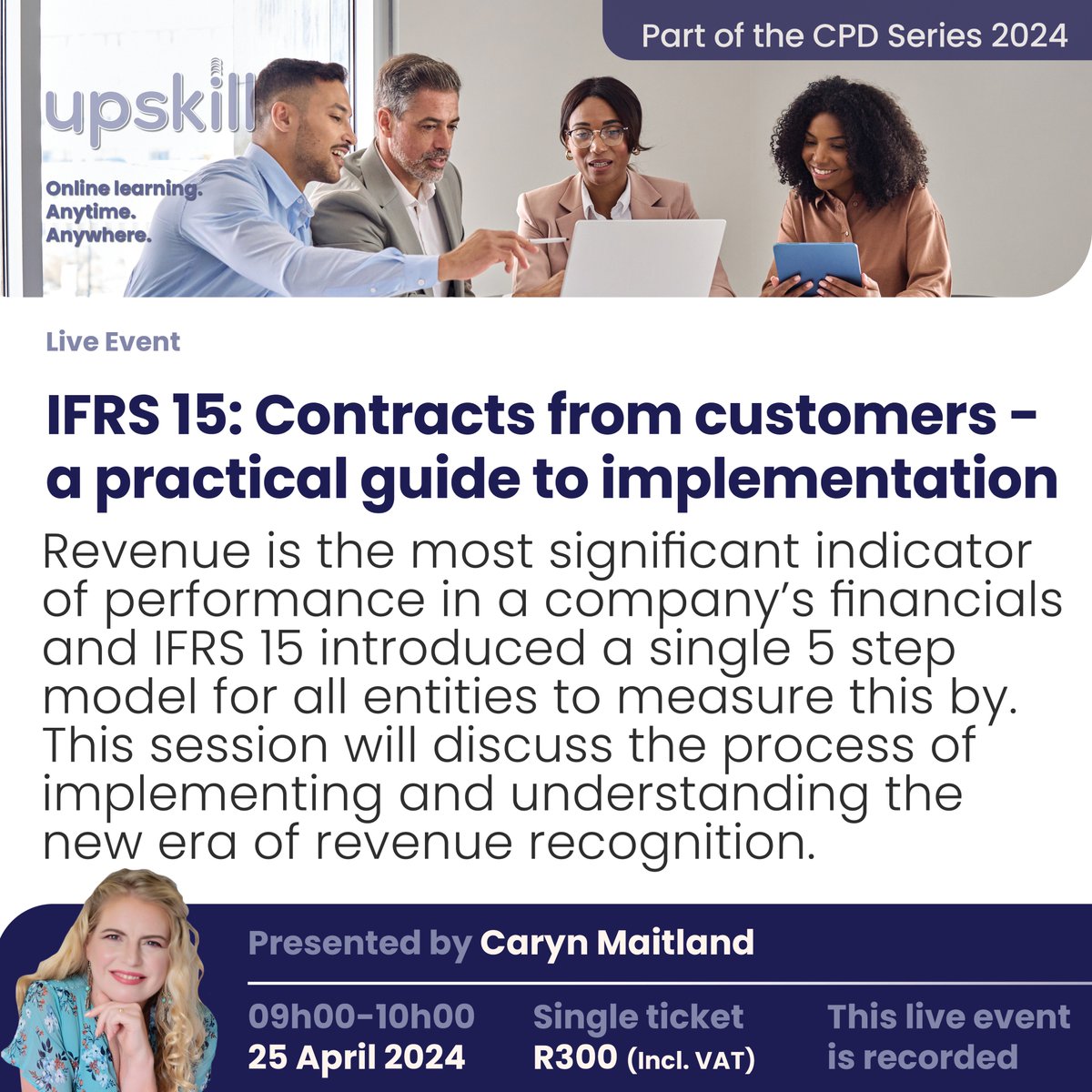 Explore the new era of revenue recognition with us! 💰 Join Caryn Maitland as she unpacks the process of implementing and understanding IFRS 15 📊✨

#IFRS15 #RevenueRecognition #FinancialReporting

Register here: 
upskill.studio/course/ifrs-15…