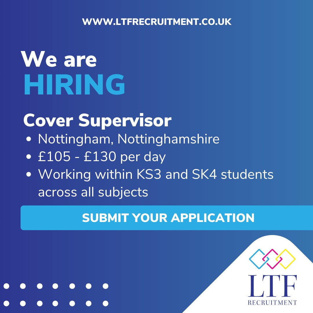 LTFRecruitment's tweet photo. Dive into the world of education as a Cover Supervisor! 📚✨ Join our team in Nottingham and play a pivotal role in shaping young minds. Are you ready to step into this rewarding journey? Apply now! https://t.co/TSEreHmSTy