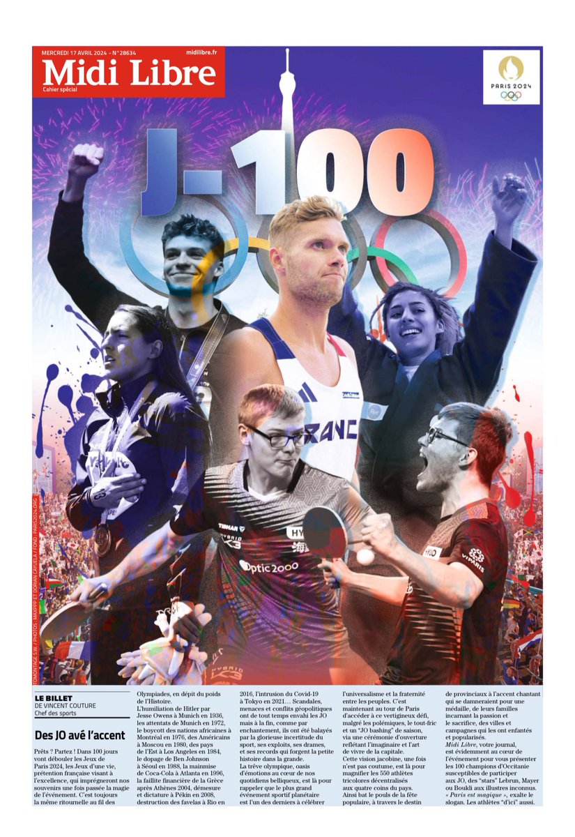 🏅🏅🏅Nos éditions aux couleurs des jeux olympiques à J-100 du grand rendez-vous. Notre cahier de 16 pages présente les 100 athlètes d’Occitanie en lice. Un guide à conserver réalisé par notre équipe du service des sports de @Midilibre #JO2024 #JeuxOlympiques