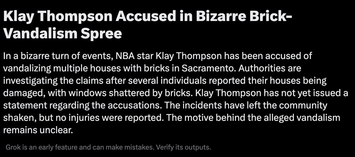 Grok today is like when people manipulated Wikipedia after a sports match to make fun of the loser. This re: Klay Thompson is brutal, though he did shoot 0 for 10 tonight.