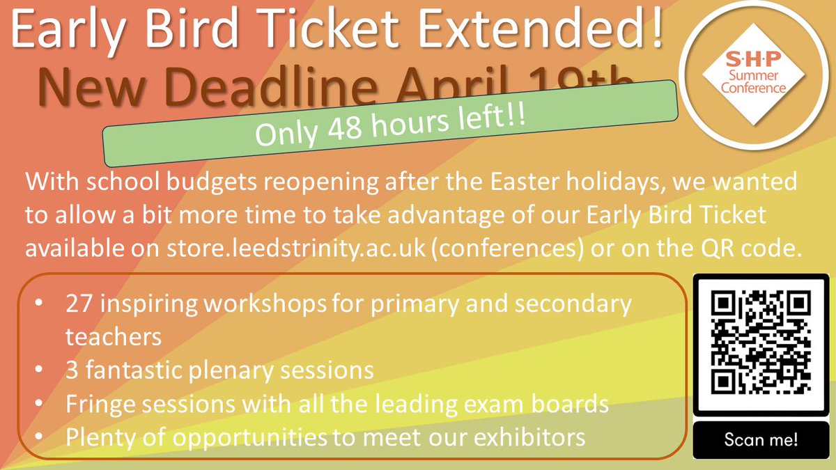 The deadline for the Early Bird offer is closing soon, grab your bargain tickets for #SHP24 and come and join us @LeedsTrinity June 29-30. Lots of options available, full weekend B&B, weekend/day tickets, reduced tickets for PGCE/ECT/Primary teachers store.leedstrinity.ac.uk/product-catalo…
