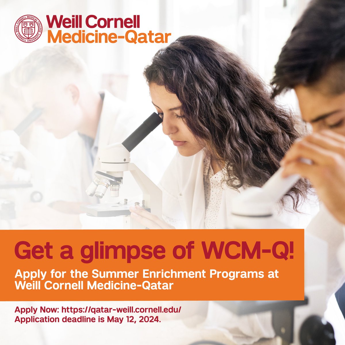 WCMQOutreach's tweet photo. Exciting News! The Application for the “Summer Enrichment Program” is now Open.
Find out more and apply: https://t.co/SHrfQzB38g 
Program dates: July 14- 25, 2024
Application deadline: May 12, 202
#qatar #highschool #student #highschoolstudent  #precollegeprograms #medicine https://t.co/5UWSCRTgjB
