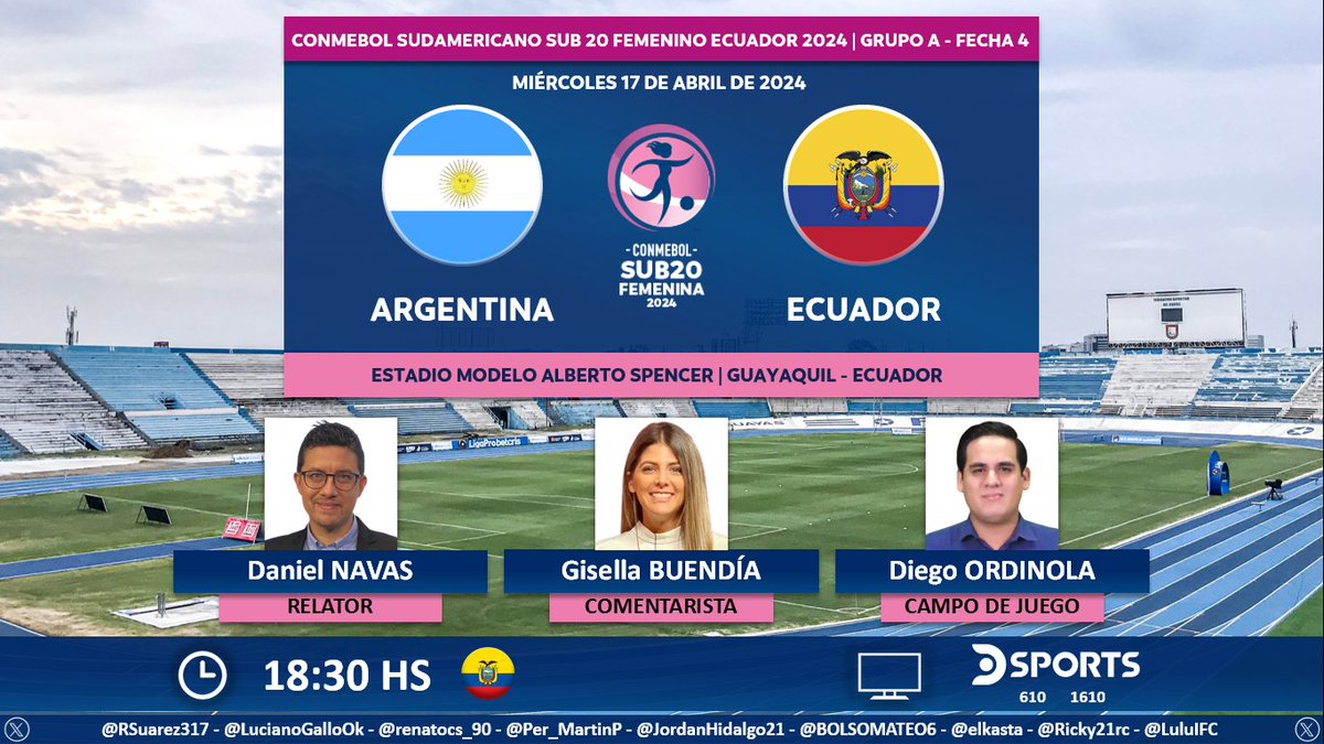 ⚽ #Sub20Fem 🌎 | 🇦🇷 #Argentina vs. #Ecuador 🇪🇨 🎙 Relator: @DanielNavasV 🎙 Comentarista: @gisellabuendia 🎙 Campo de juego: @Diegordinola 📺 @DSports (610-1610 HD) Ecuador 🇪🇨 💻📱@DGO_Latam Ecuador 🇪🇨 🤳 #SudamericanoSub20FemeninoEnDSPORTS - #CreeEnGrande Dale RT 🔃