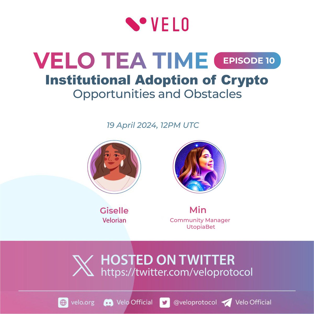veloprotocol's tweet photo. Join us this week for an exciting Velo Tea Time Episode 10! 🌟 We're diving into the world of Institutional Adoption of Crypto with @utopiabetgaming's Community Manager, Min!

🎉Plus, 50 Whitelist spots are up for grabs from UtopiaBet! Secure yours by filling up this form : https://t.co/A8a3TBJAY1

📅 Date : April 19th, 2024
🕛 Time : 12 PM UTC
📍 Space Link : https://t.co/lnbdyo1O6M

Don't miss out on this opportunity to explore the future of crypto with #VELO protocol. See you there! 🚀#cryptocurrency #blockchain #AMA #podcast