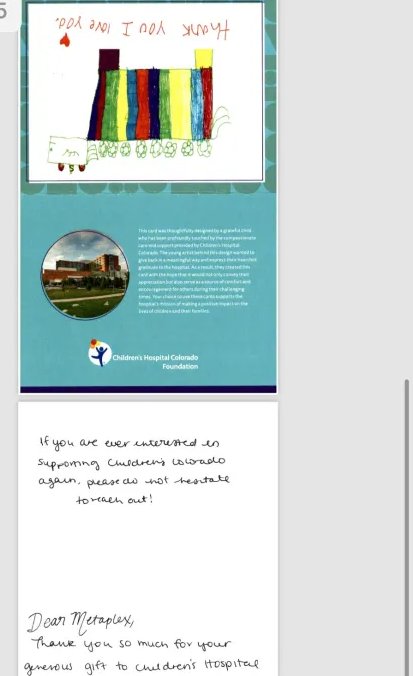 The type of things that warm your heart. 

When 0rphans did our raffle for WLs, we received $0 in fees from <a href="/metaplex/">Metaplex</a> (by design) 

Rather than collect anything, we had them donate to Children's Hospital of Colorado on our behalf.

~100 $SOL at the time