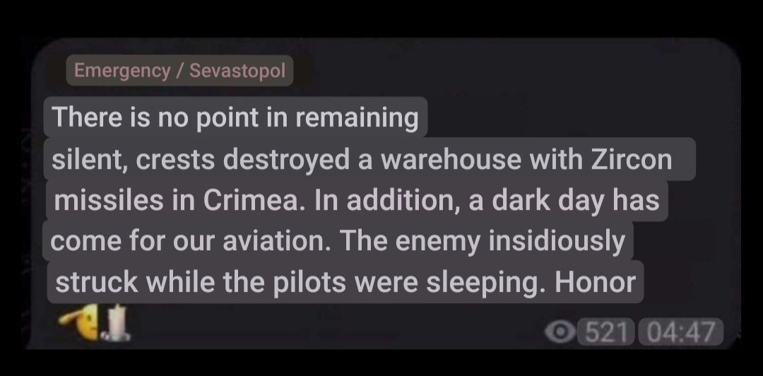 Further ruzzian chatter.
Warehousing containing 3M22 Zircon rockets was struck and one would imagine that's an HQ/accommodation building if pilots were sleeping.