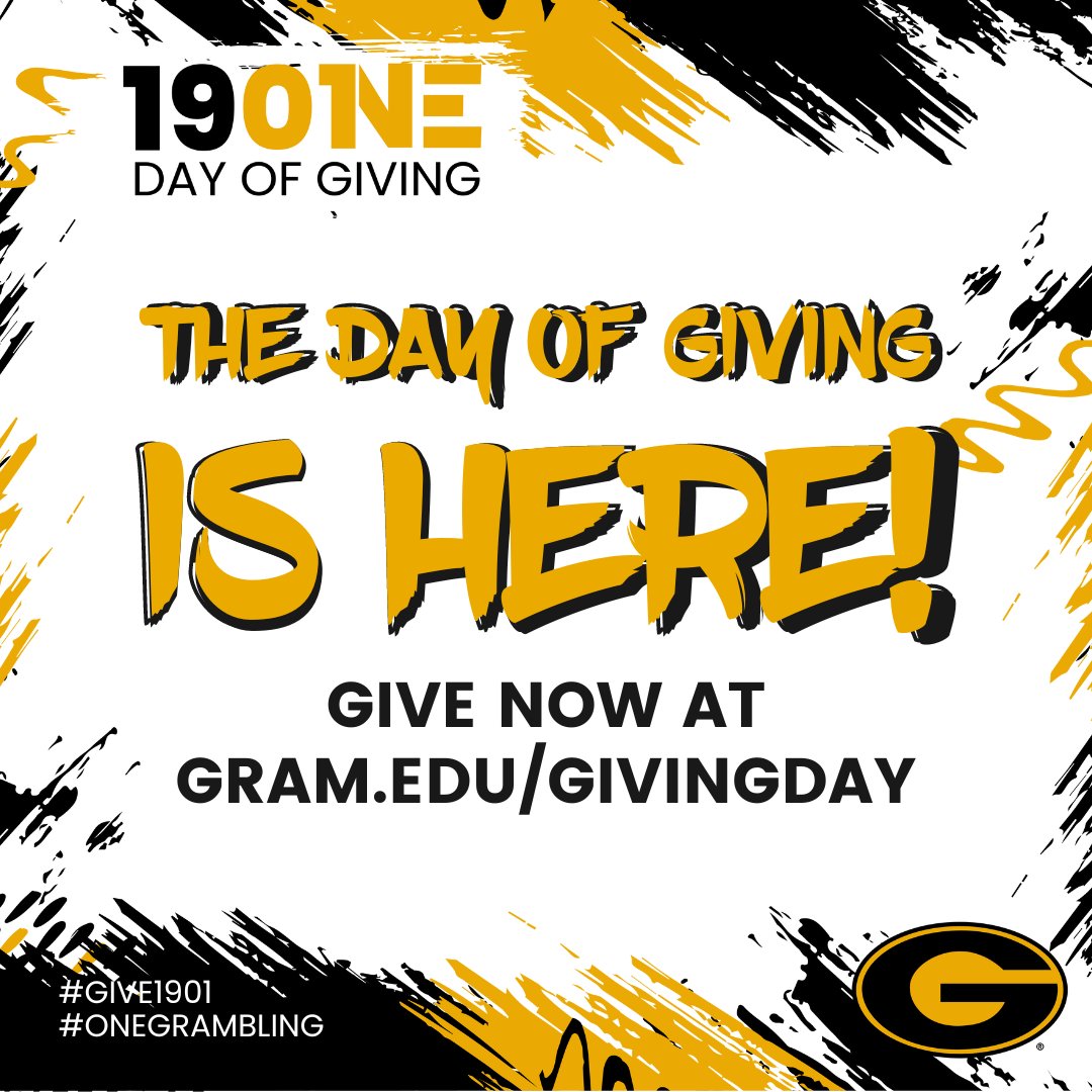 Grambling1901's tweet photo. The third annual 1901 Day of Giving has arrived. Visit https://t.co/uBucZF5cq5 to make a difference in the area or areas that impact you the most. ONE DAY. ONE GIFT. ONE GRAMBLING. #Give1901 #1901DayofGiving #OneGrambling https://t.co/AZ1zqoZACA