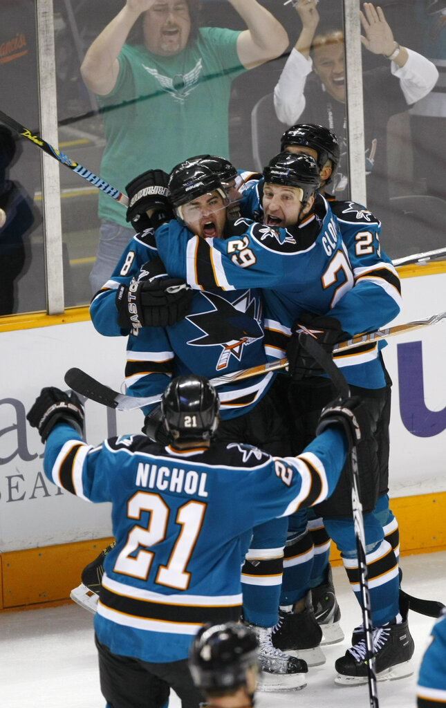 sjsharkshistory's tweet photo. April 16, 2010:

Against the Avalanche in Game Two of the WCQF at the Shark Tank, #SJSharks forward Devin Setoguchi scored his first career overtime playoff goal. #StanleyCup 

📸 AP
🚨 COL 5, SJ 6 (OT) 🚨
📰 Series tied 1-1 📰 https://t.co/Y430sKjCUp