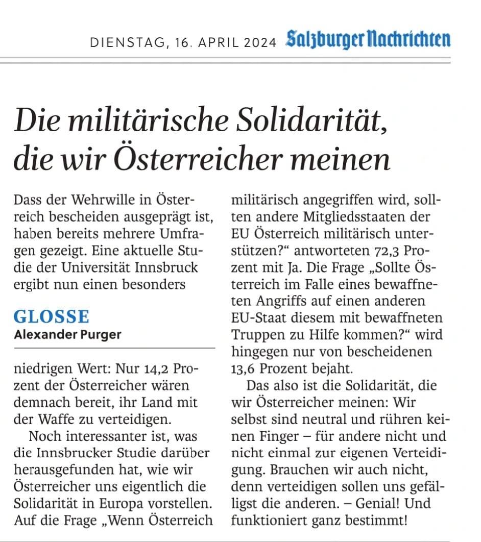 #Österreich & seine #Neutralität
#Einbahnstraße & #Trittbrettfahrer
Zu glauben, wenn dann was passiert, wird eh der #Wehrwille da sein, ist so, wie...
Wenn dir das Wasser bis zum Hals steht und du dann anfängst zum Strampeln, hast aber Schwimmen nicht gelernt, wirst du untergehen