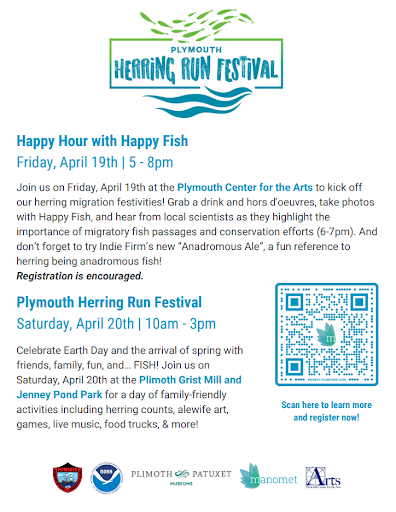 Herring Run Festival, April 20, 10:00am - 3:00pm at the Plimoth Grist Mill.

Join Community Land and Water Coalition for a fun, family-oriented day with engaging activities to tell the story of environmental work in Plymouth and beyond.

More info:
manomet.org/event/plymouth…