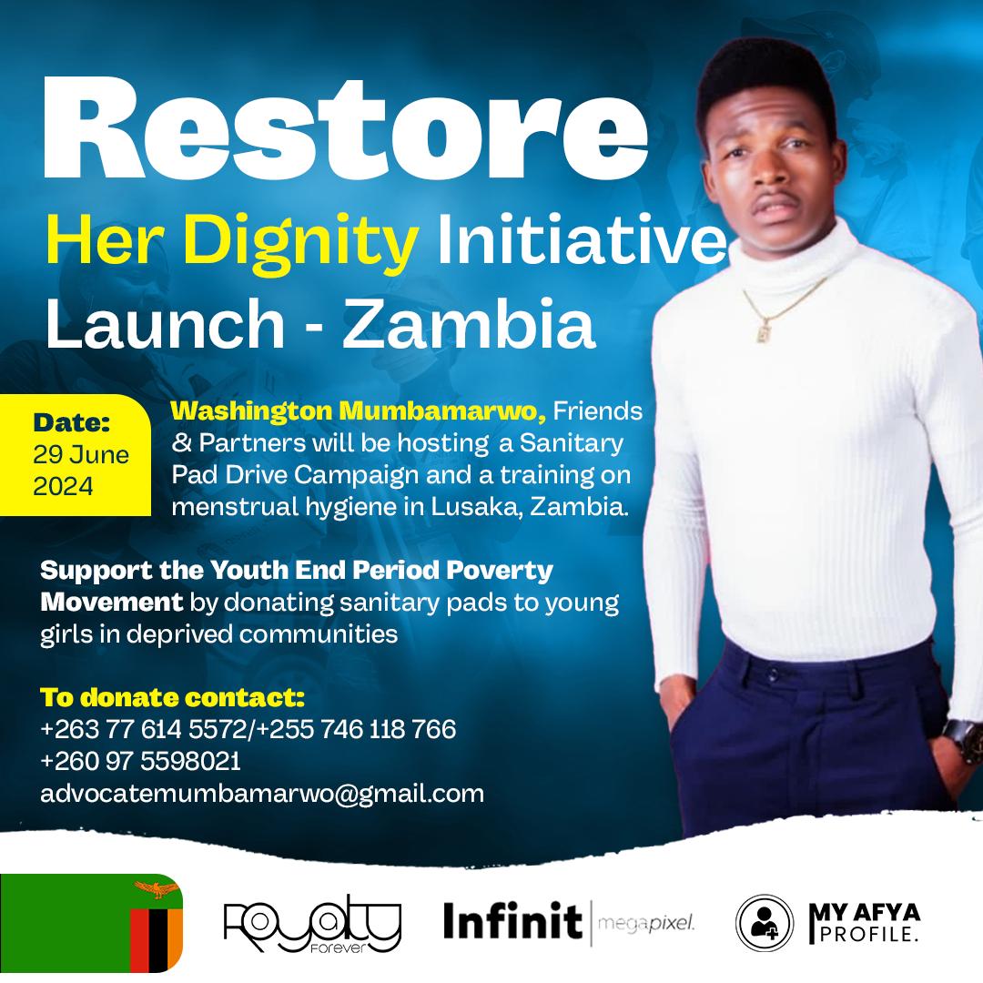 📣Save The Date: 🗒29 June 2024
The Youth End Period Poverty Movement🇿🇲 will host <a href="/adv_mumbamarwo/">Washington Royalty Mumbamarwo</a>🇿🇼 in Lusaka, Zambia🇿🇲 to officially launch the Restore Her Dignity Initiative which focuses on breaking the silence on #menstruation &amp; handling of sanitary pads to young girls