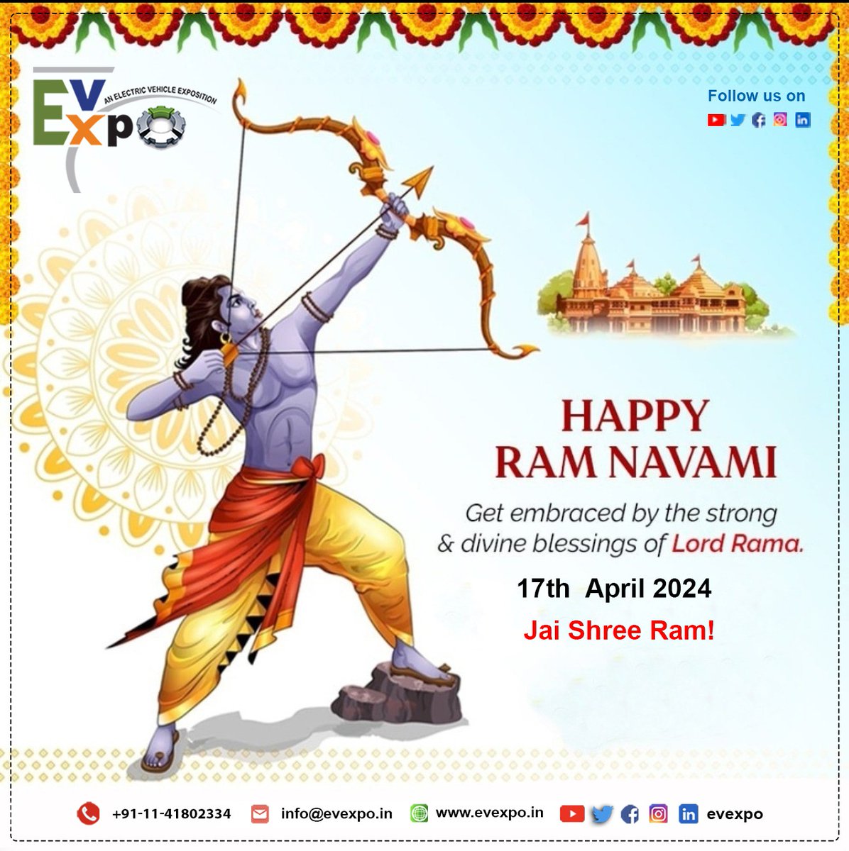 '🎉 Celebrating the auspicious occasion of Ram Navami at EvExpo! Amidst the innovative buzz of electric vehicles, we honor Lord Rama's birth with devotion and zeal. Wishing everyone a blessed Ram Navami. Jai Shri Ram! 🚗⚡' #RamNavami #RamNavami2024 #BeHappy #JaiShriRam