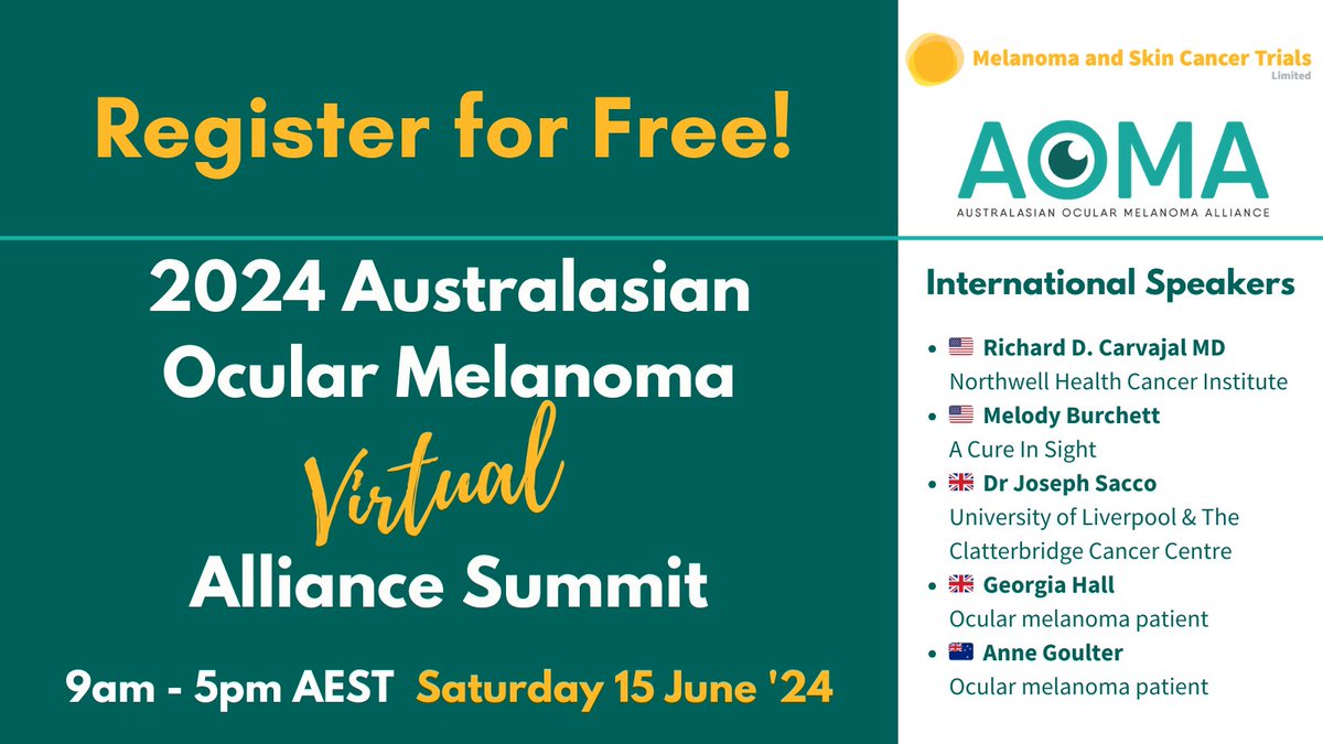 👁️ The Australasian Ocular Melanoma Alliance (AOMA) Virtual Summit will feature 5 international speakers, each bringing their unique ocular melanoma expertise to this FREE virtual event on Sat 15 June 2024. Register: masc.org.au/aoma-summit/ @MRFCureOM @ACureInSight1 @OcuMelUK